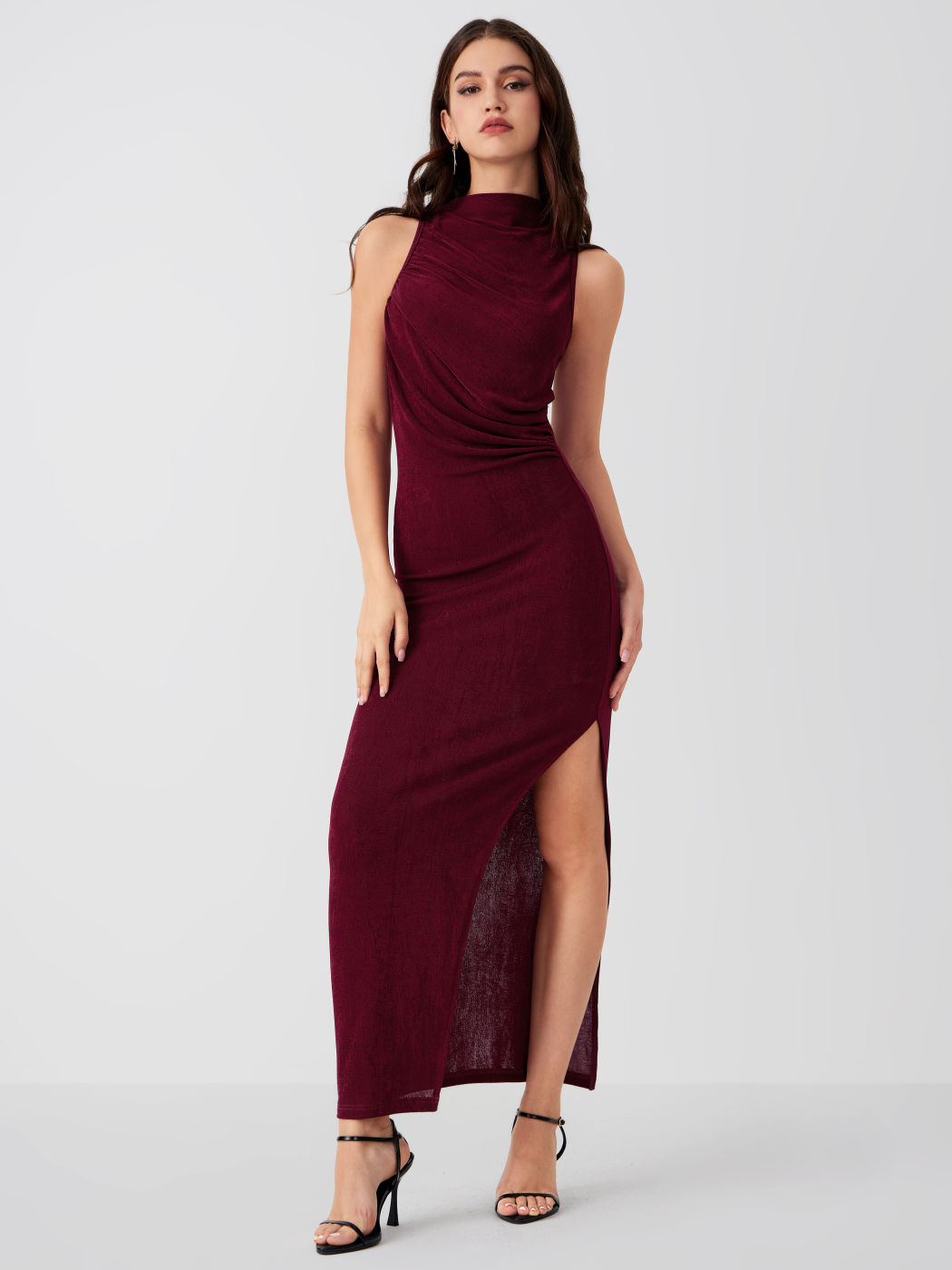 Jersey High Neck Sleeveless Solid Split Maxi Dress