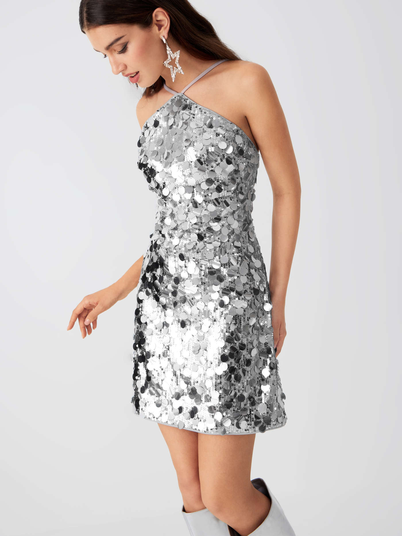 Sequin Halter Neckline Solid Zipper Mini Dress