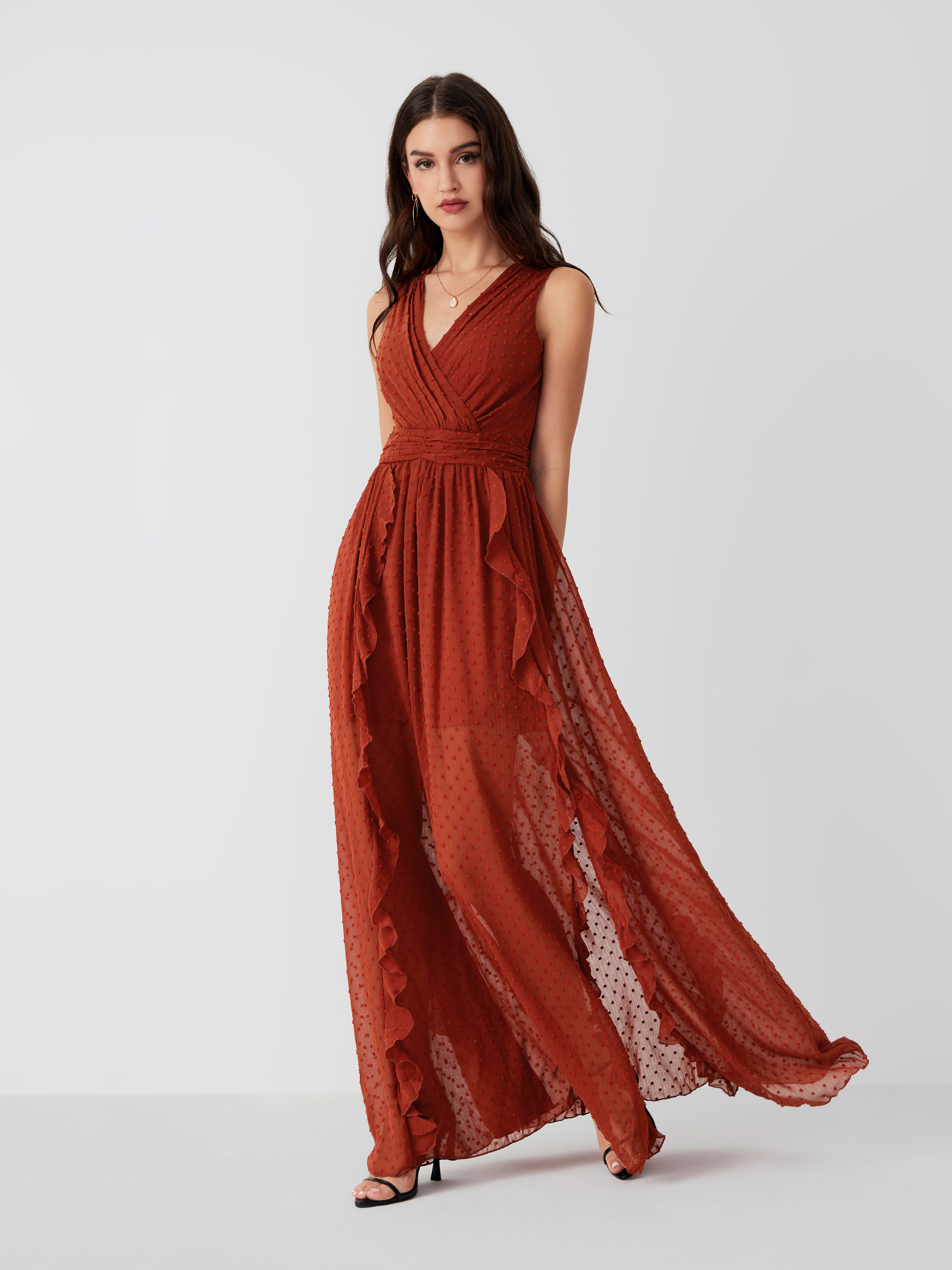 Mesh Ruffle Hem Maxi Dress - Cider - Composition: 95% polyester 5% spandex  - Occasion: Vacation - Stretch: High - Mater…
