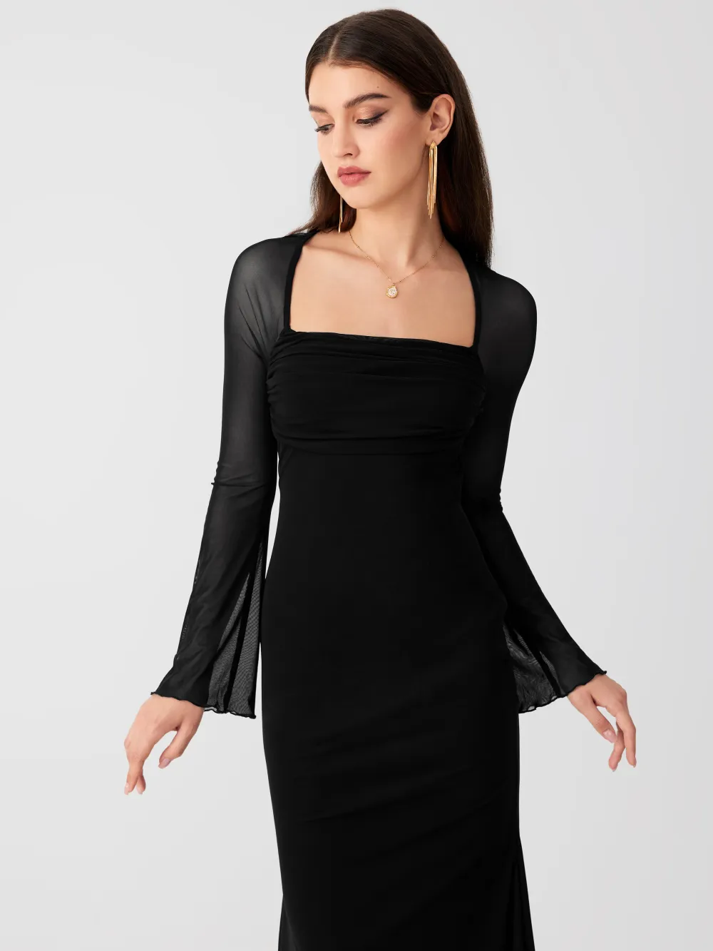 Mesh Square Neck Solid Drawstring Maxi Dress