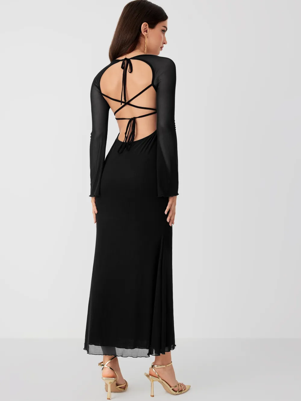 Mesh Square Neck Solid Drawstring Maxi Dress