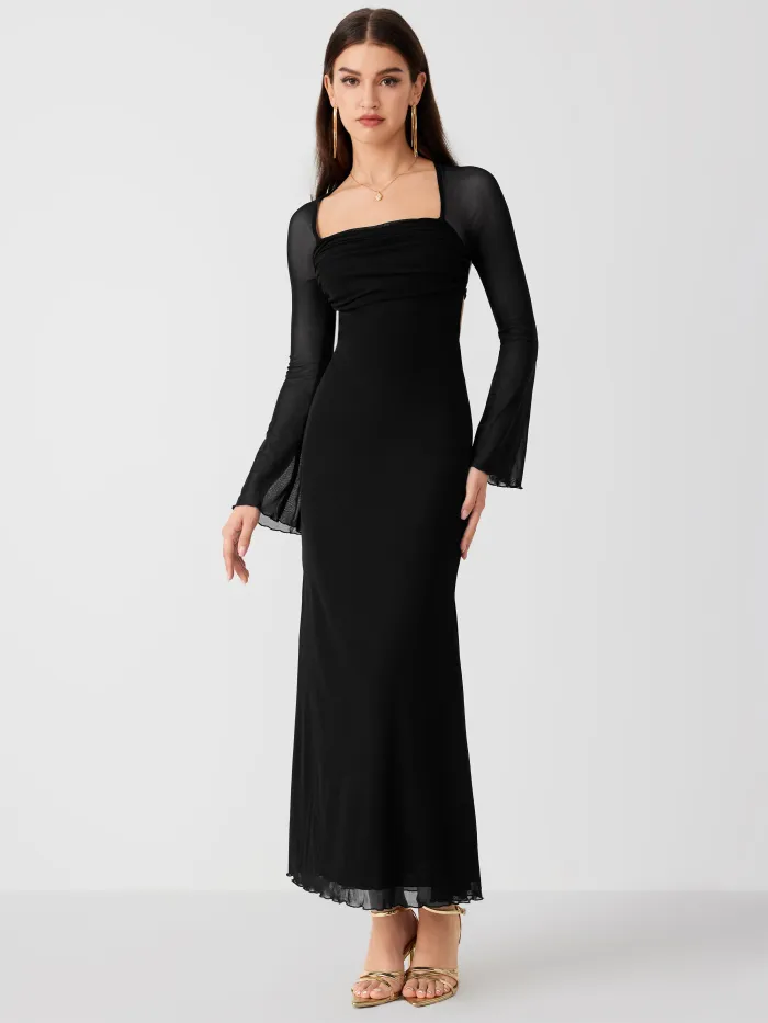 Satin Boat Neck Asymmetrical Sleeve Ruched Metal Detail Maxi Dress