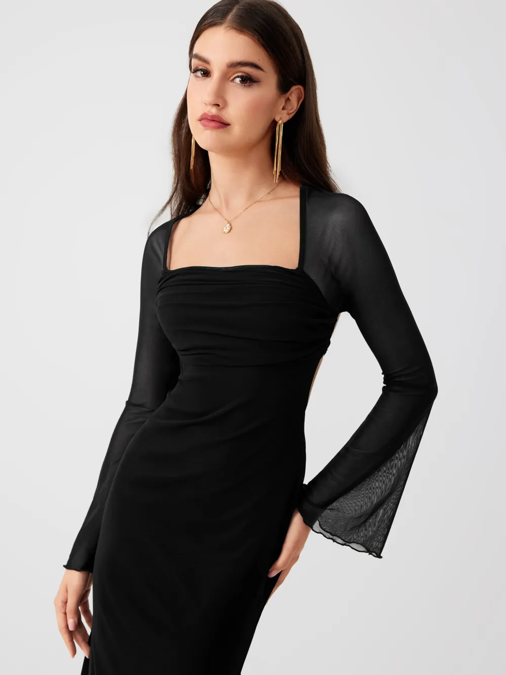 Mesh Square Neck Solid Drawstring Maxi Dress