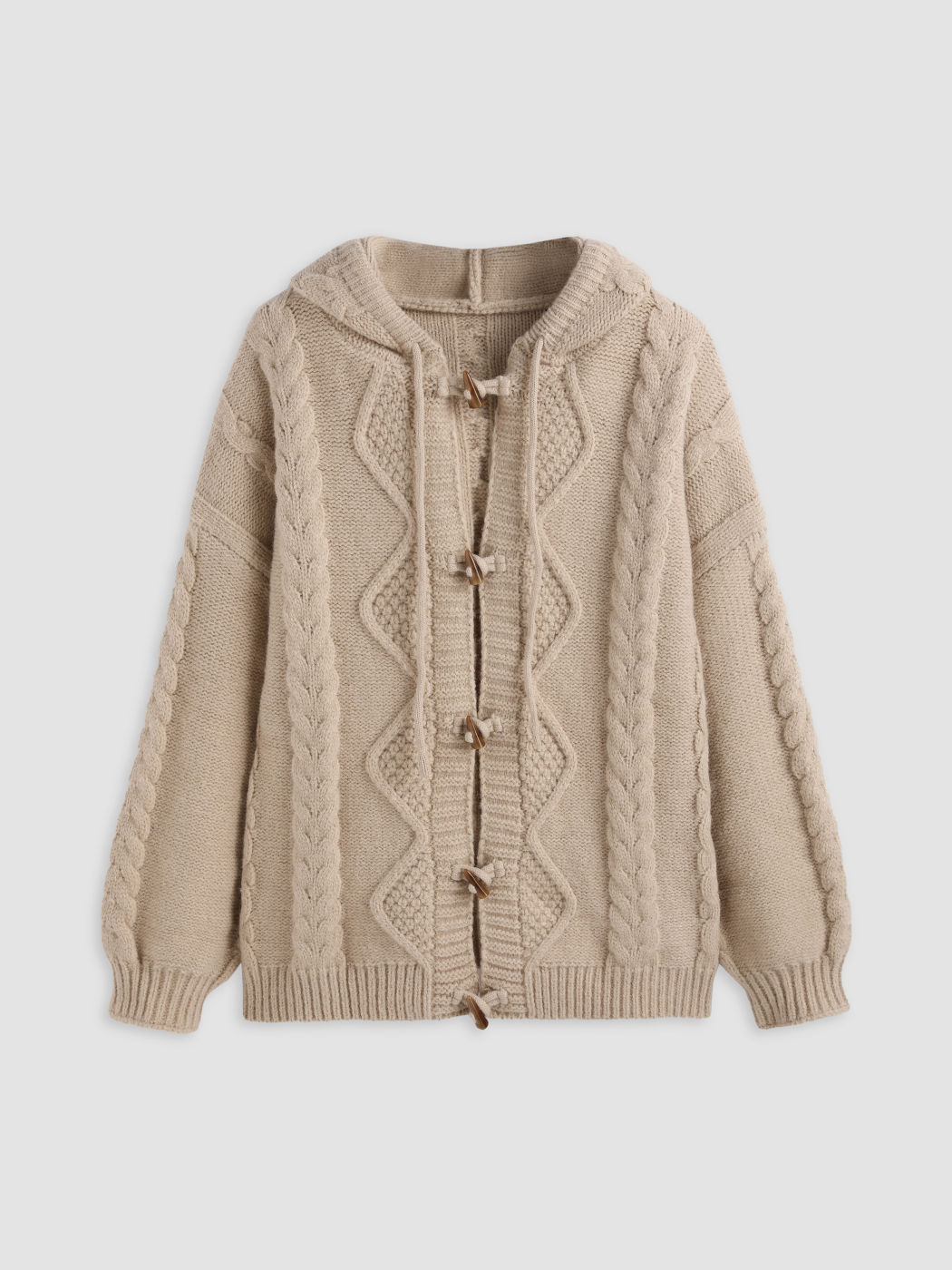  Wollmischung Kapuzenpullover Zopfmuster Knopf Strickjacke