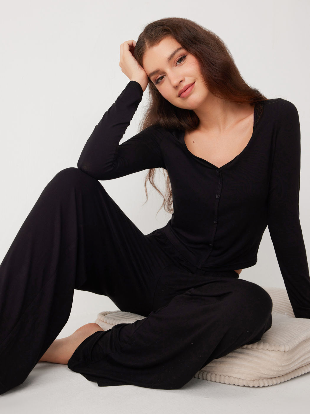 Long Sleeve Button Top & Middle Waist Trousers Loungewear Set