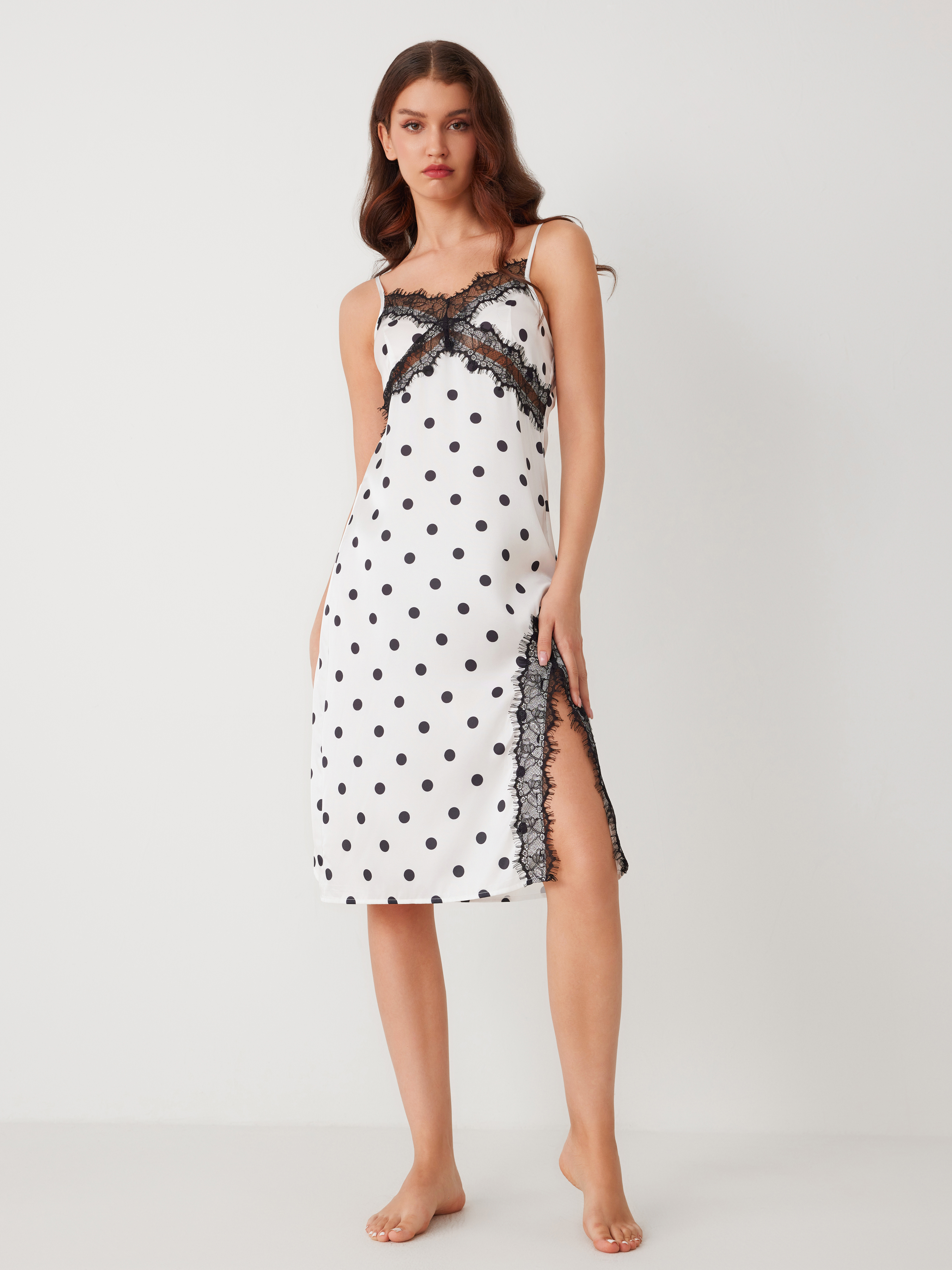 Satin Satin Polka Dot Lace Split Slip Midi Nightdress For Home