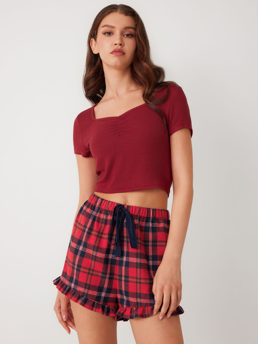 Flannel Uneck Crop Top & High Waist Check Drawstring Shorts Lounge Set
