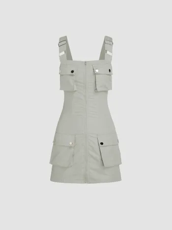 Solid Cargo Zip Up Mini Dress