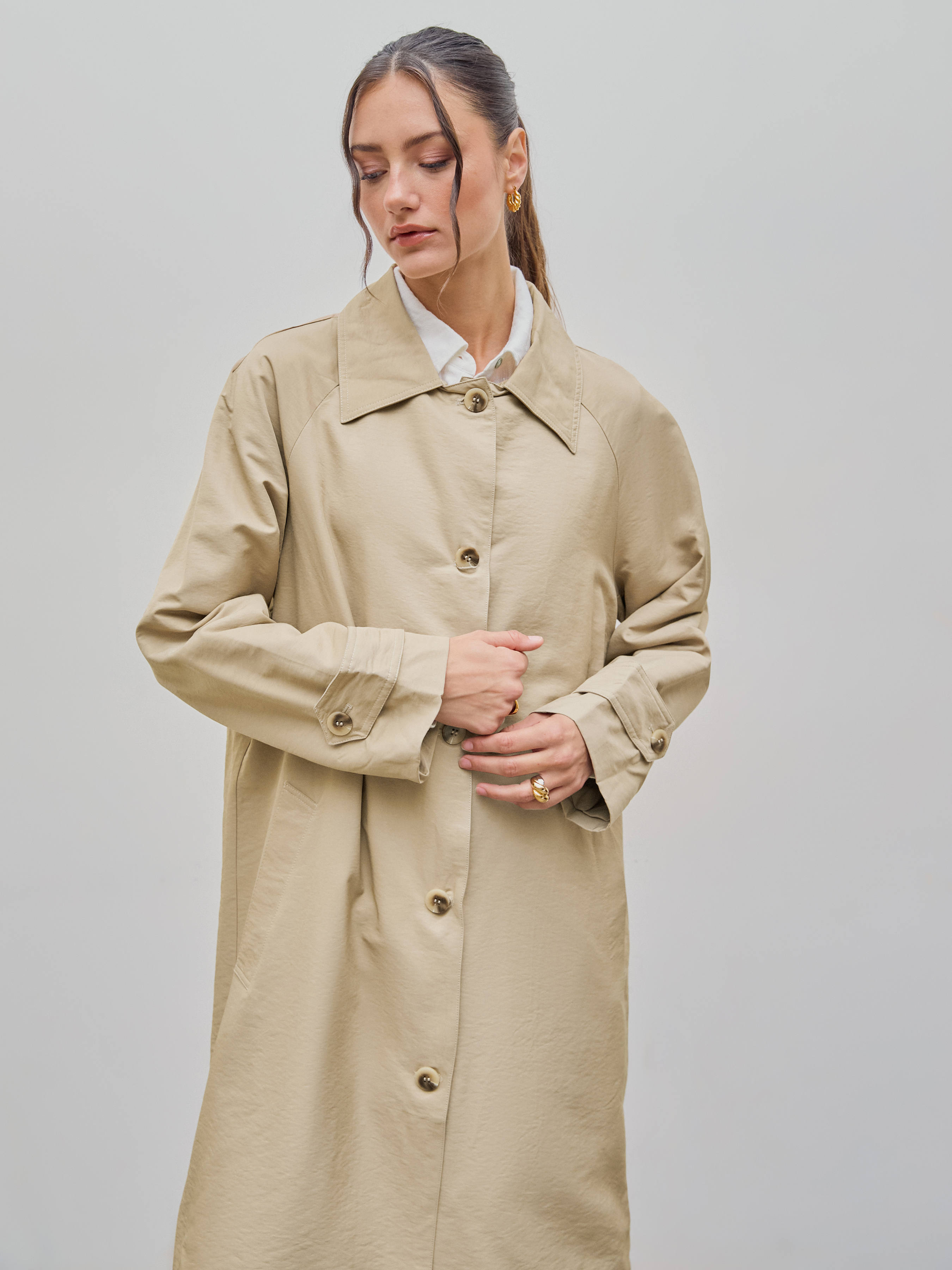 Solid Collar Button Trench Coat For School Daily Casual