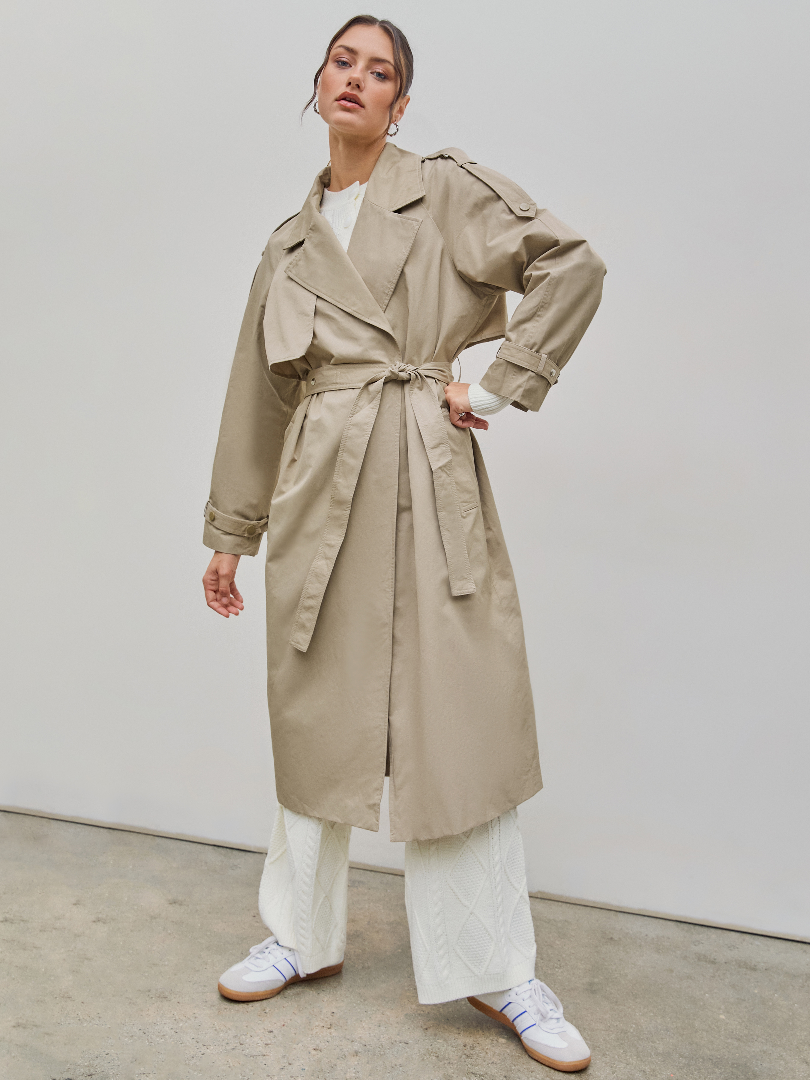 Solid Collar Trench Coat With Belt For Daily Casual