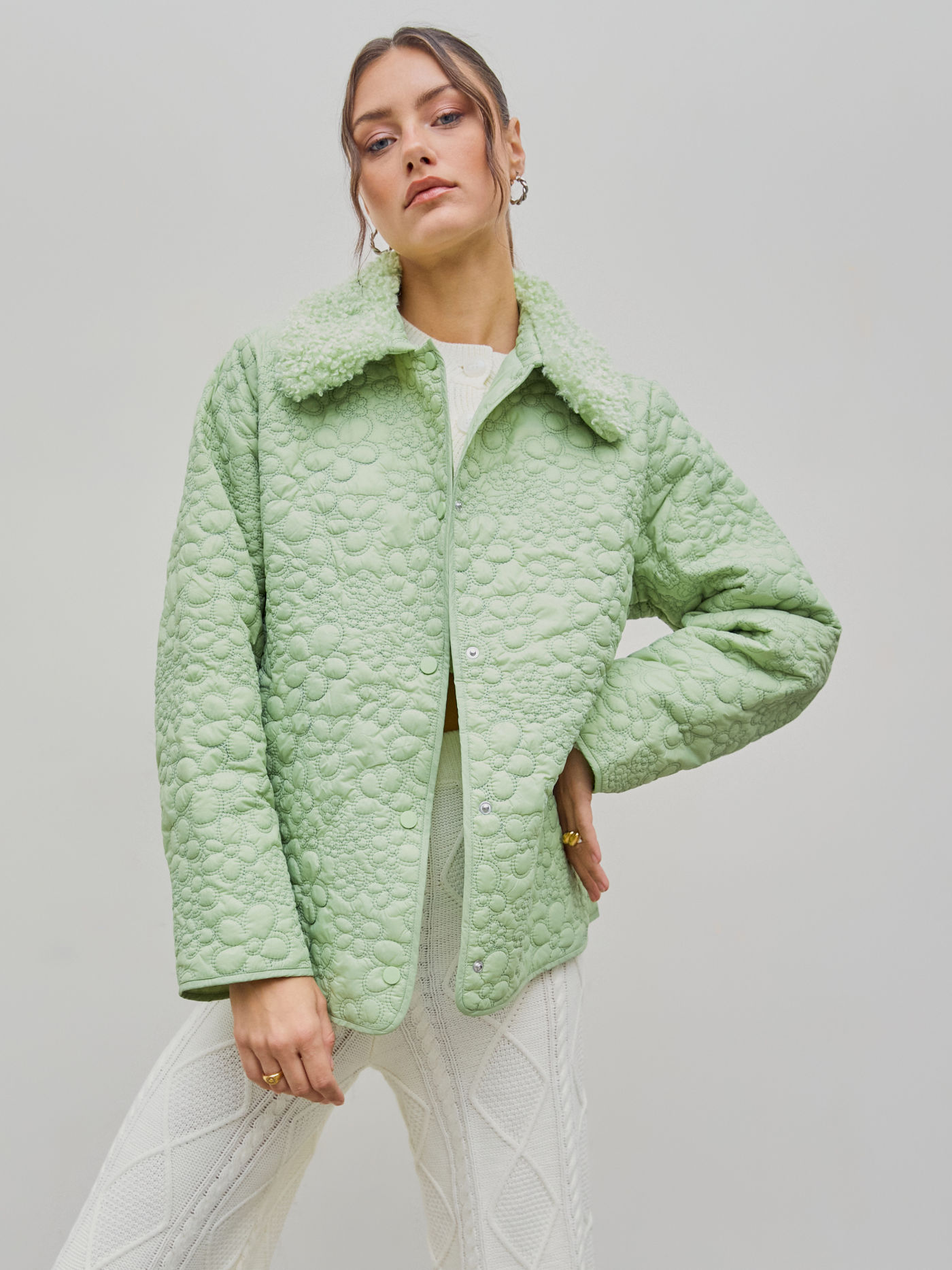 Collar Geometric Pocket Puffer Quilted Jacket