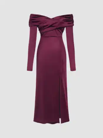 Velvet Off-shoulder Solid Split Maxi Dress