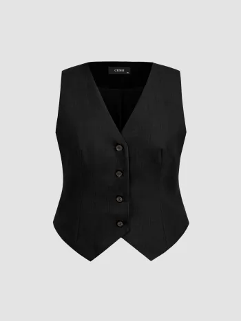 V-neck Solid Button Vest Curve & Plus