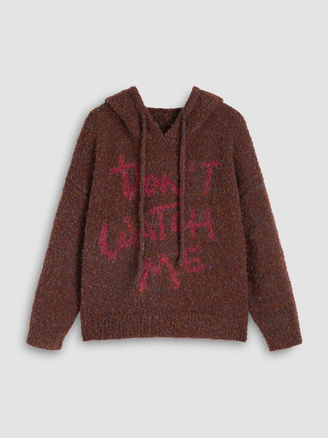 DON'T WATCH ME Hooded Drawstring Knitted Long Sleeve Top