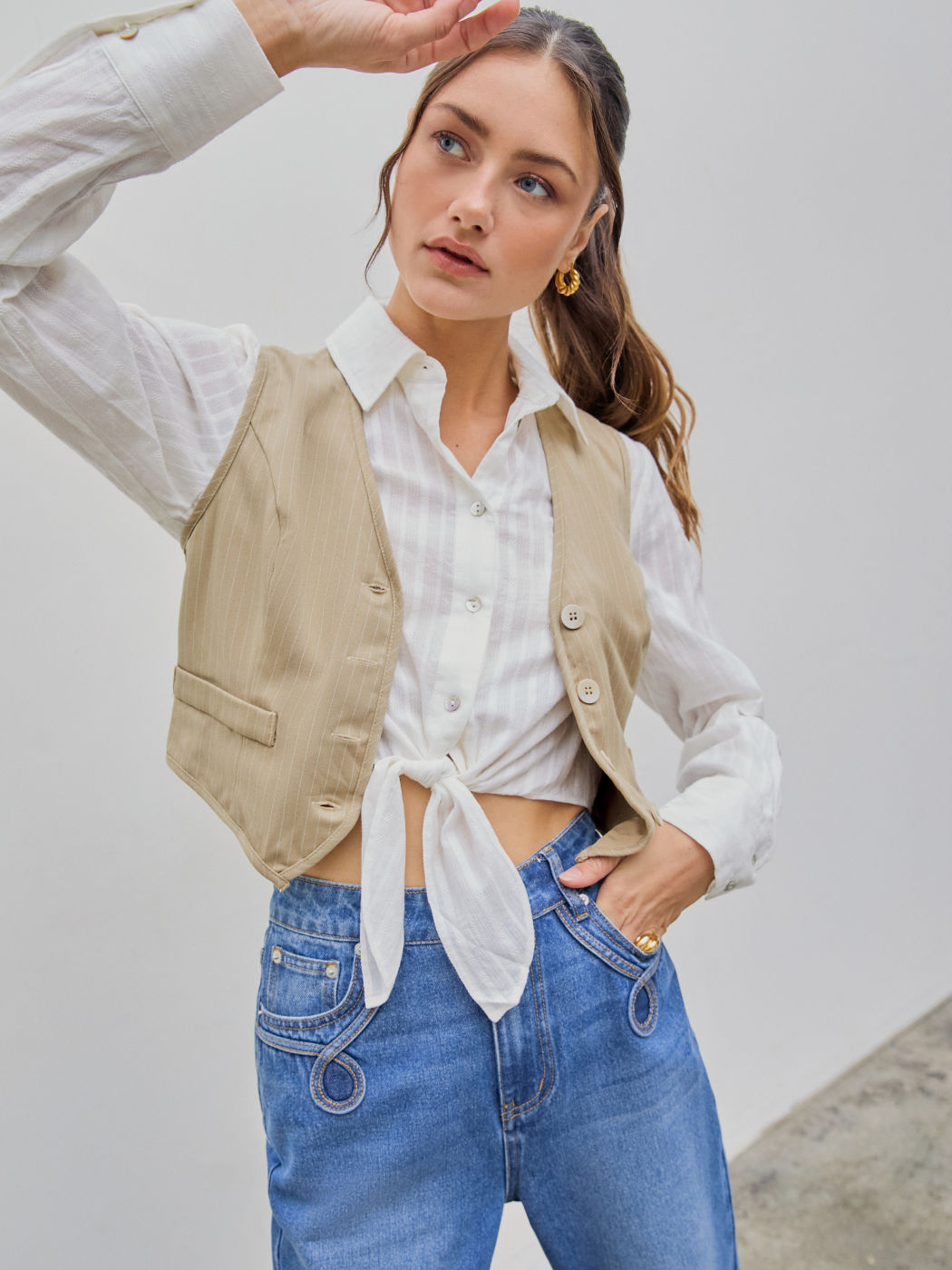  Gestreifter V-Ausschnitt Button Blazer Kurve & Plus Crop Weste