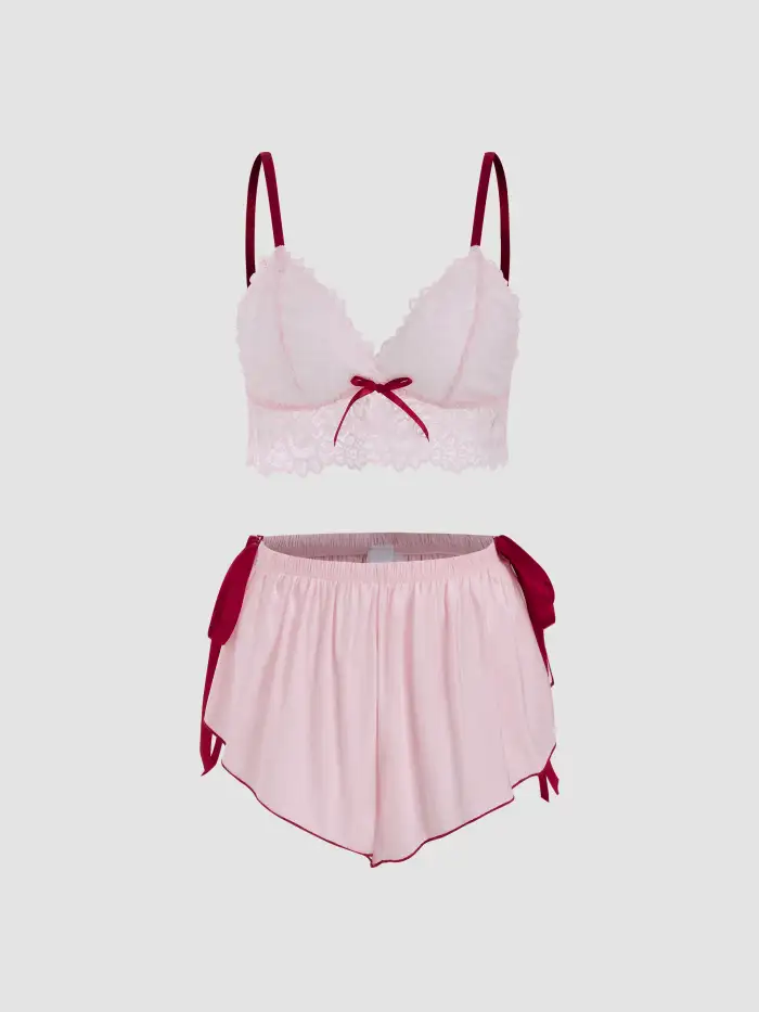 Bowknot Lace Crop Bralette & Knotted Brief Lounge Set - Cider