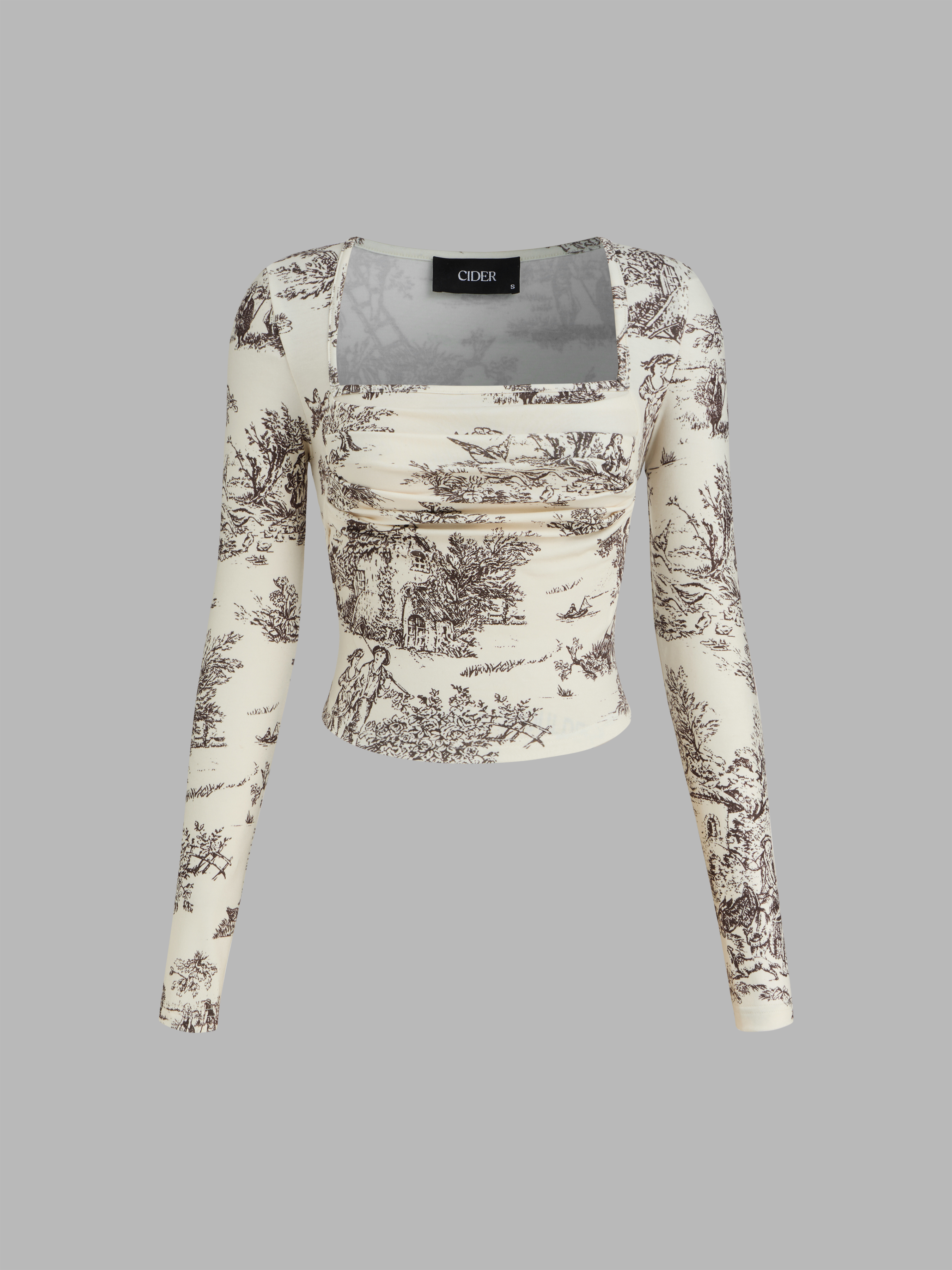 Toile de Jouy Square Neck Ruched Long Sleeve Crop Top - Cider