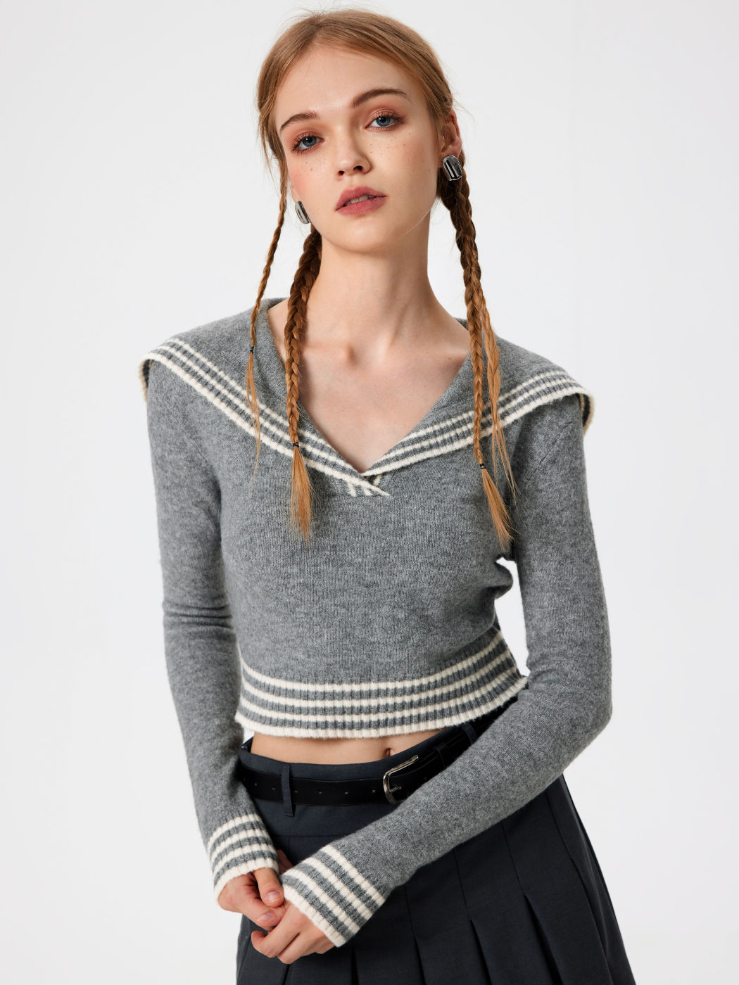 V-Ausschnitt Strick Matrosenkragen Wollmischung Langarm Crop Pullover