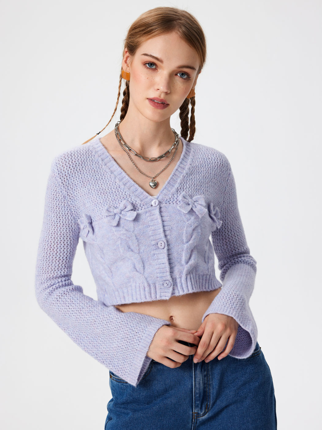Knit Fabric Wool-blend V-neck Bowknot Button Cardigan For School Daily ...