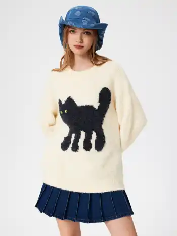 Wollmischung Rundhals Katzen Strickpullover