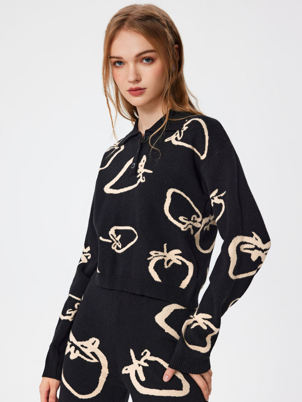  Polo Erdbeer-Knopf Strickpullover