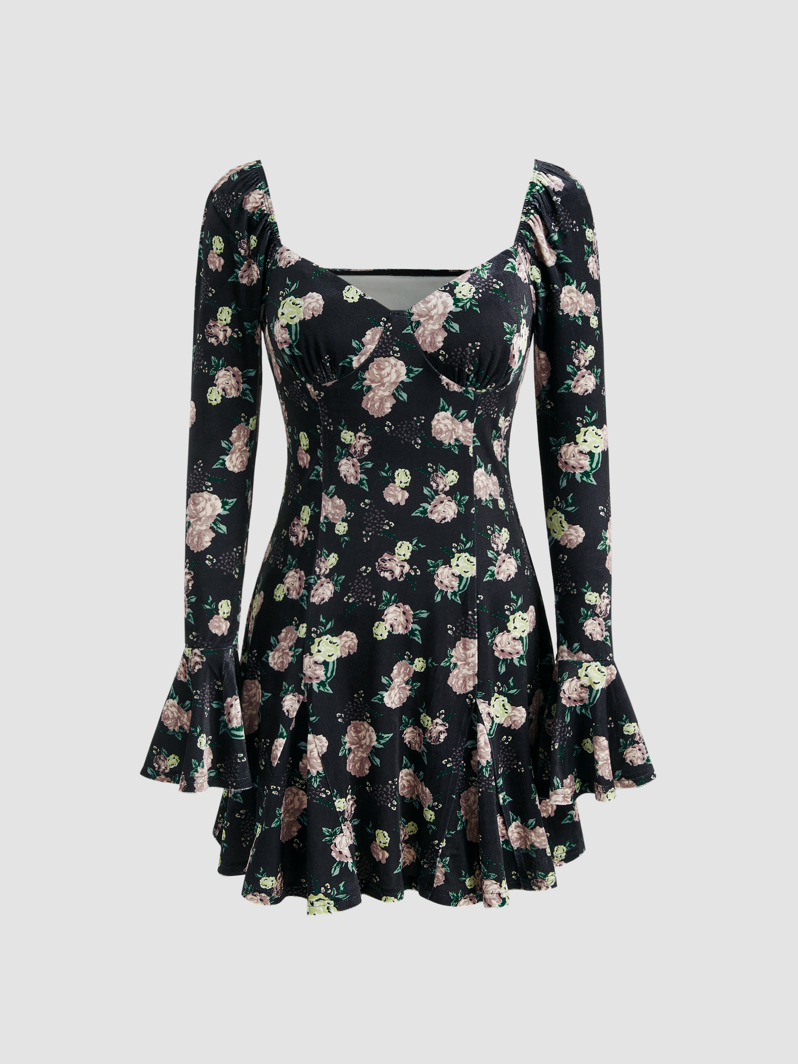 Velvet Sweetheart Floral Ruffle Mini Dress For Daily Casual