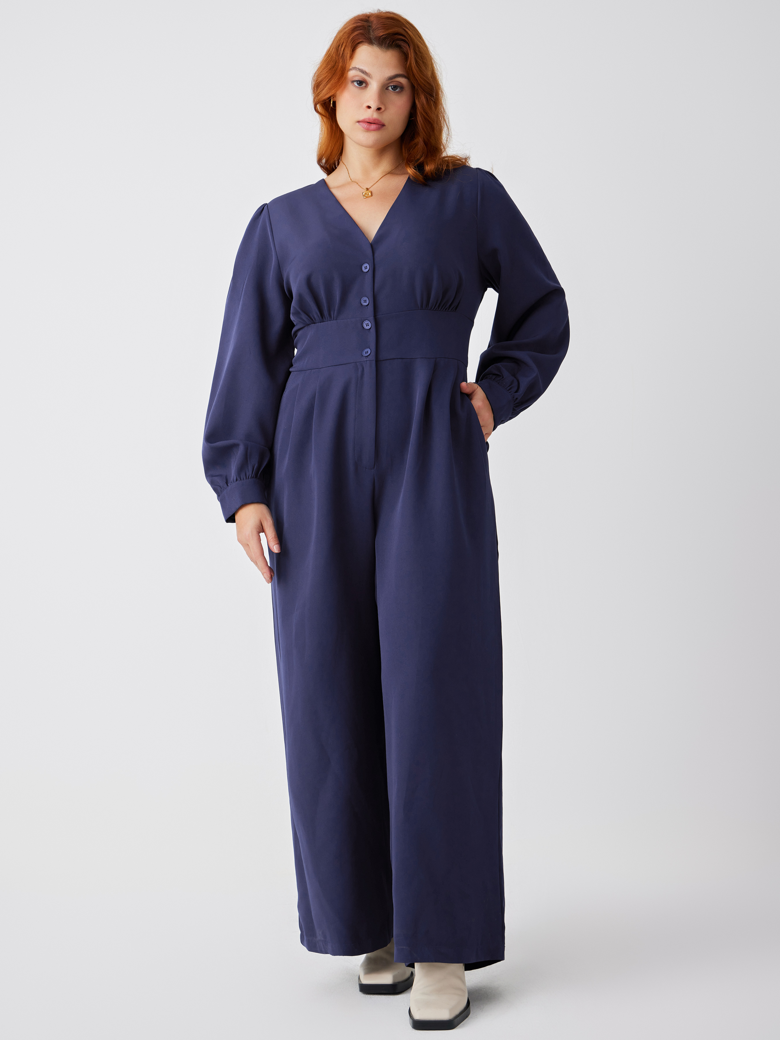 V Neck Button Ruched Long Sleeve Jumpsuit Curve And Plus Cider 0575