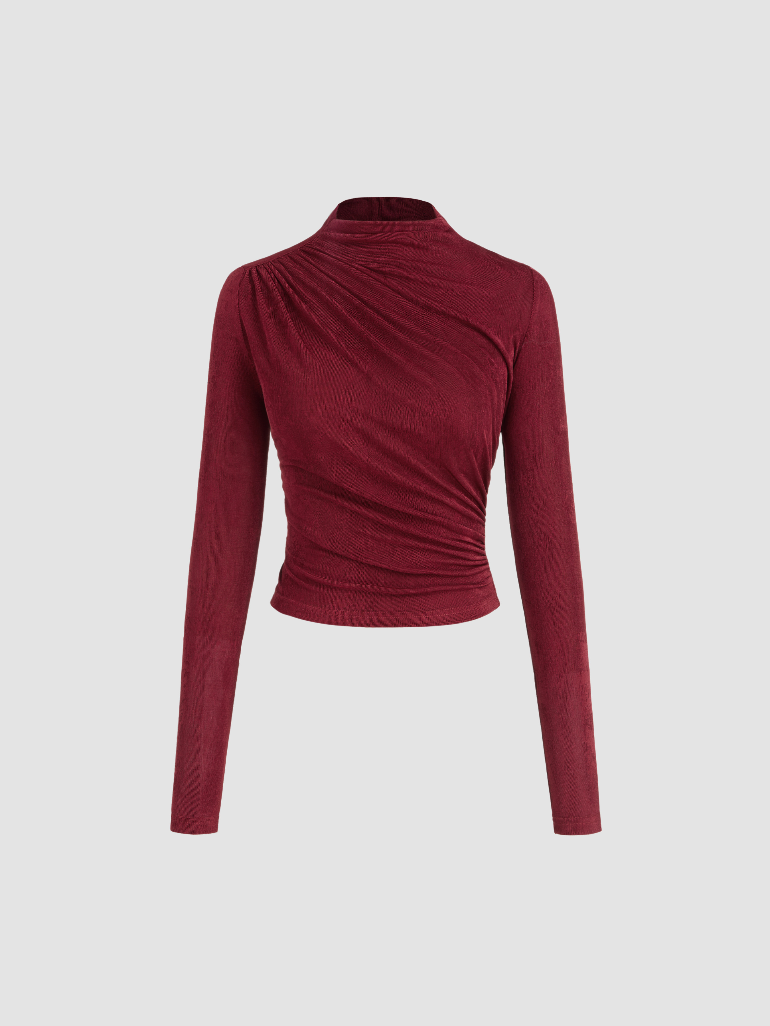City Chic Knit Fabric Stand Collar Ruched Long Sleeve Tee