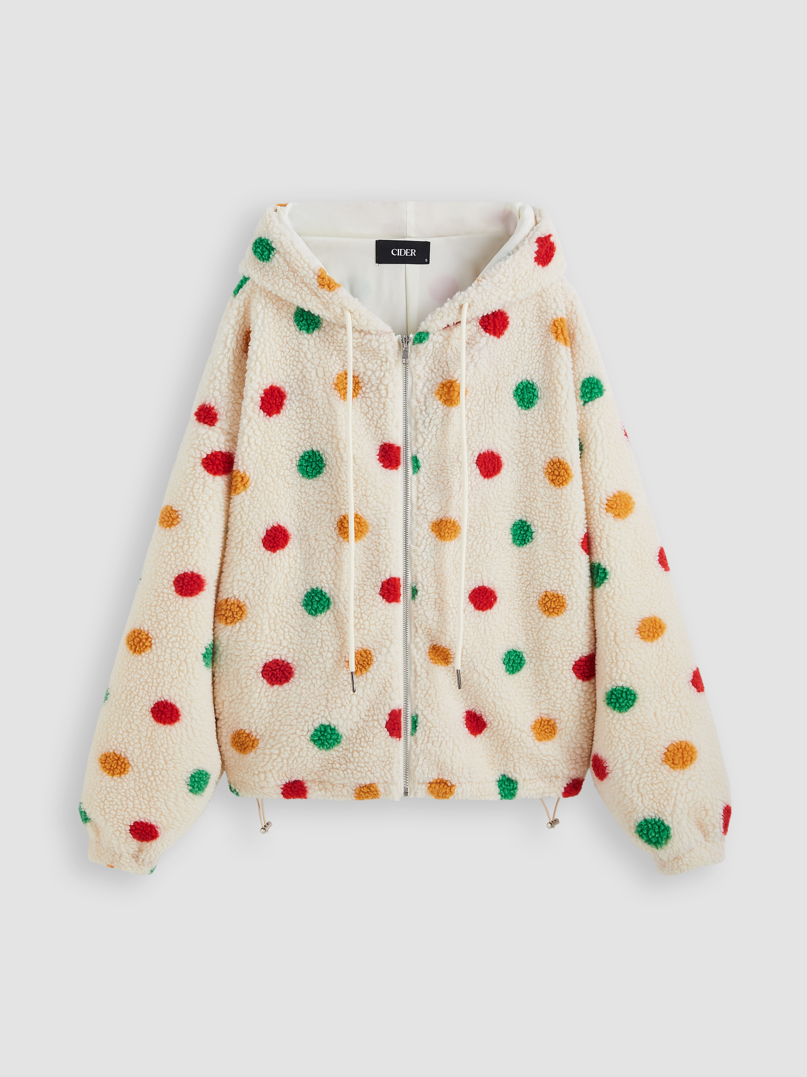 Fleece Hooded Polka Dot Zipper Jacket - Cider