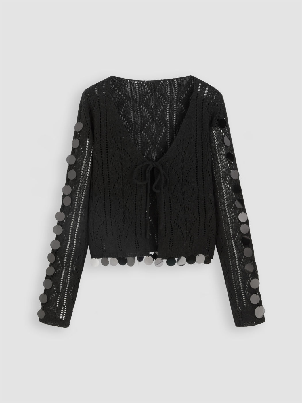 Top in paillettes con scollo a V e maglia a manica lunga