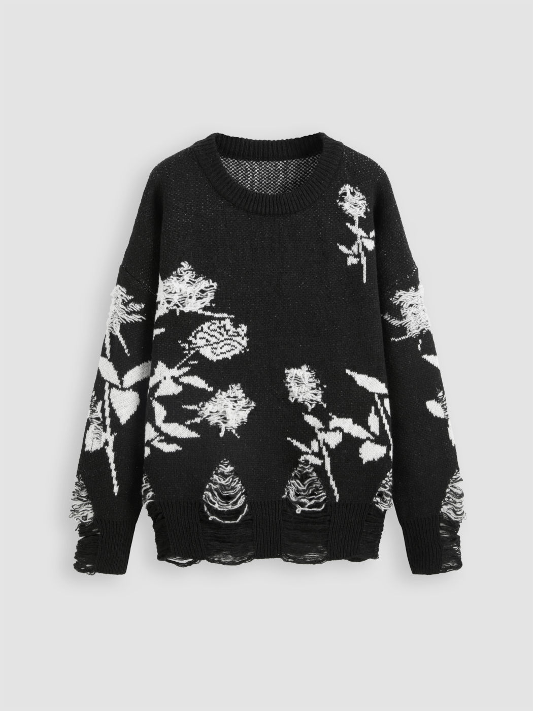 Round Neckline Floral Ripped Knitted Long Sleeve Top