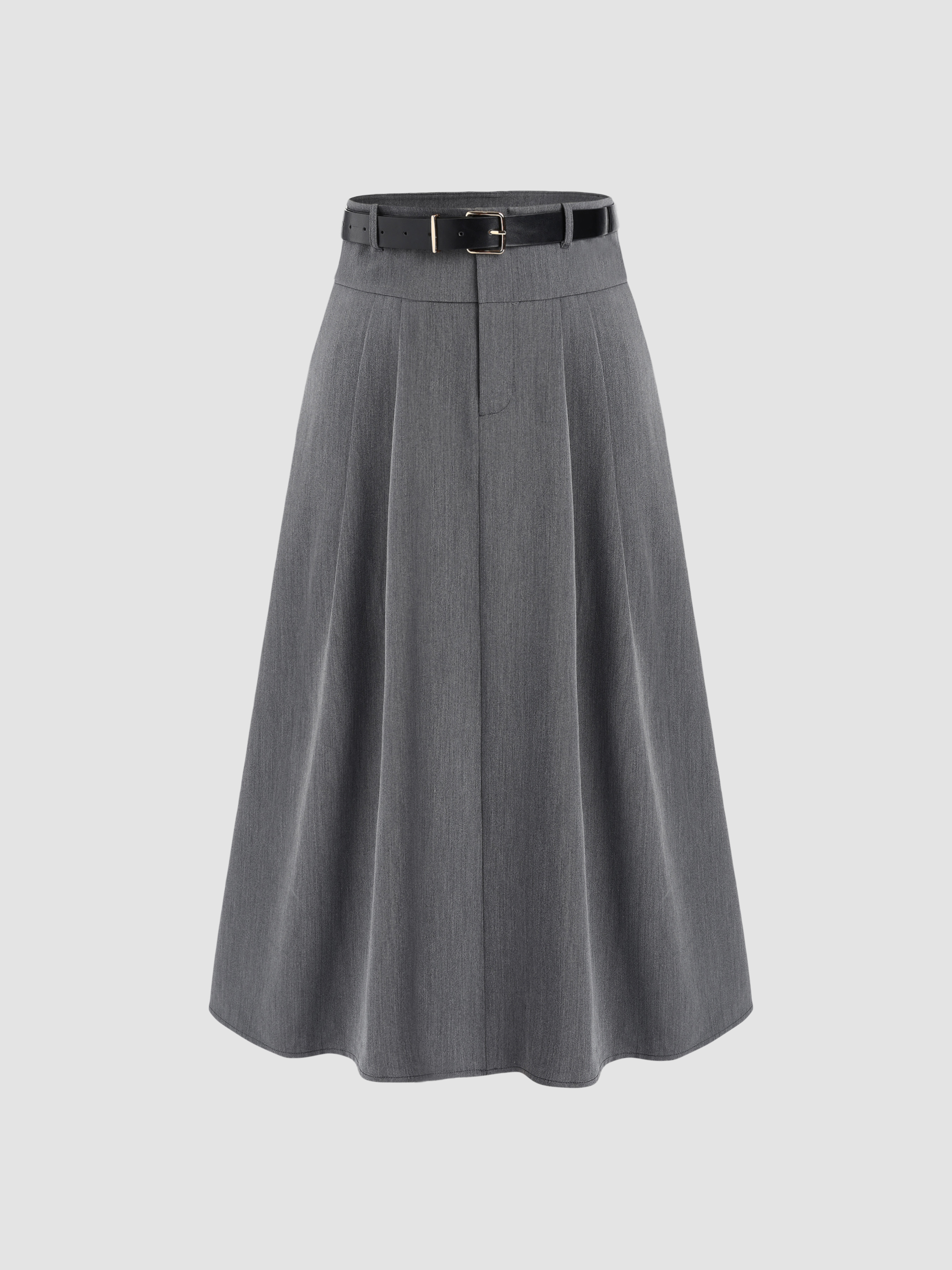 スカート GREY COTTON SKIRT Woven Mid Waist Pleated Zipper Maxi Skirt With Belt For
