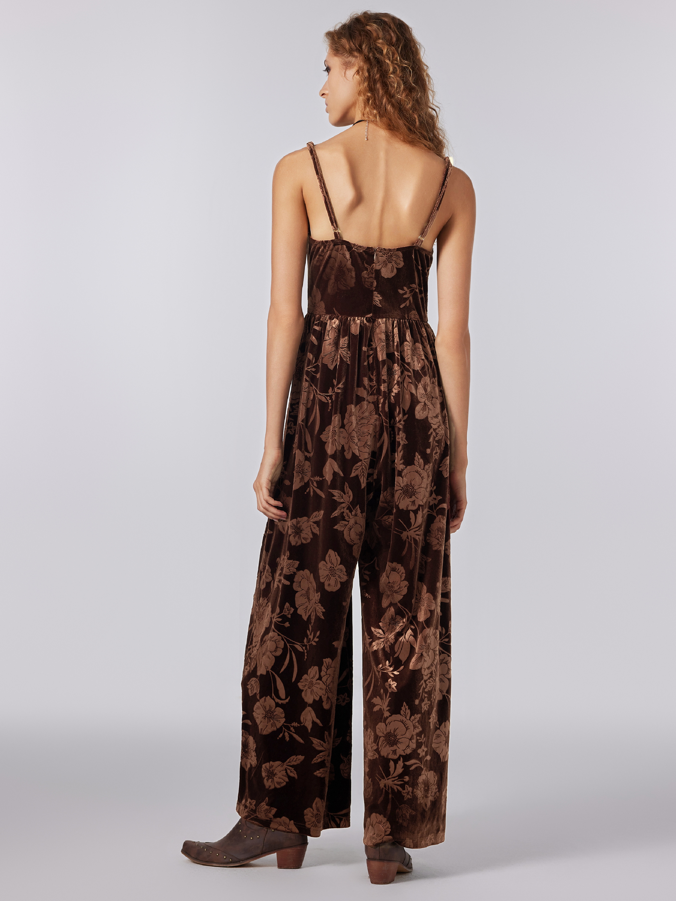 Velvet Cowl Neck Floral Backless Jumpsuit For Coffee Shop Daily