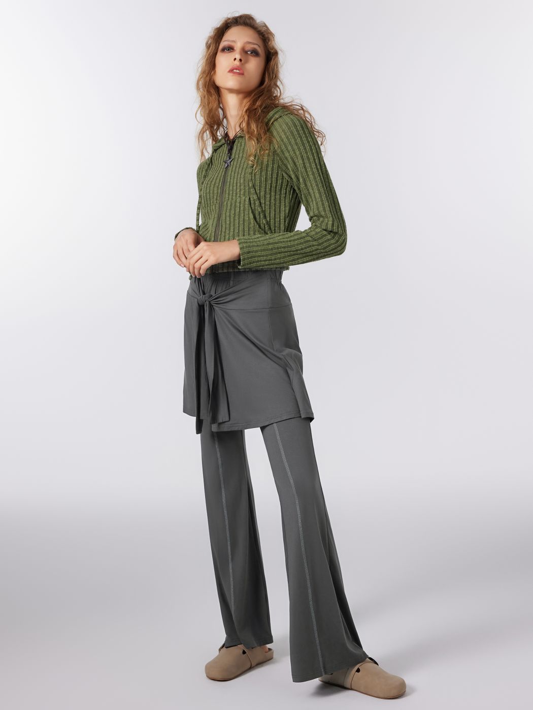 Fake Two-piece Elastic Waist Flared Pants