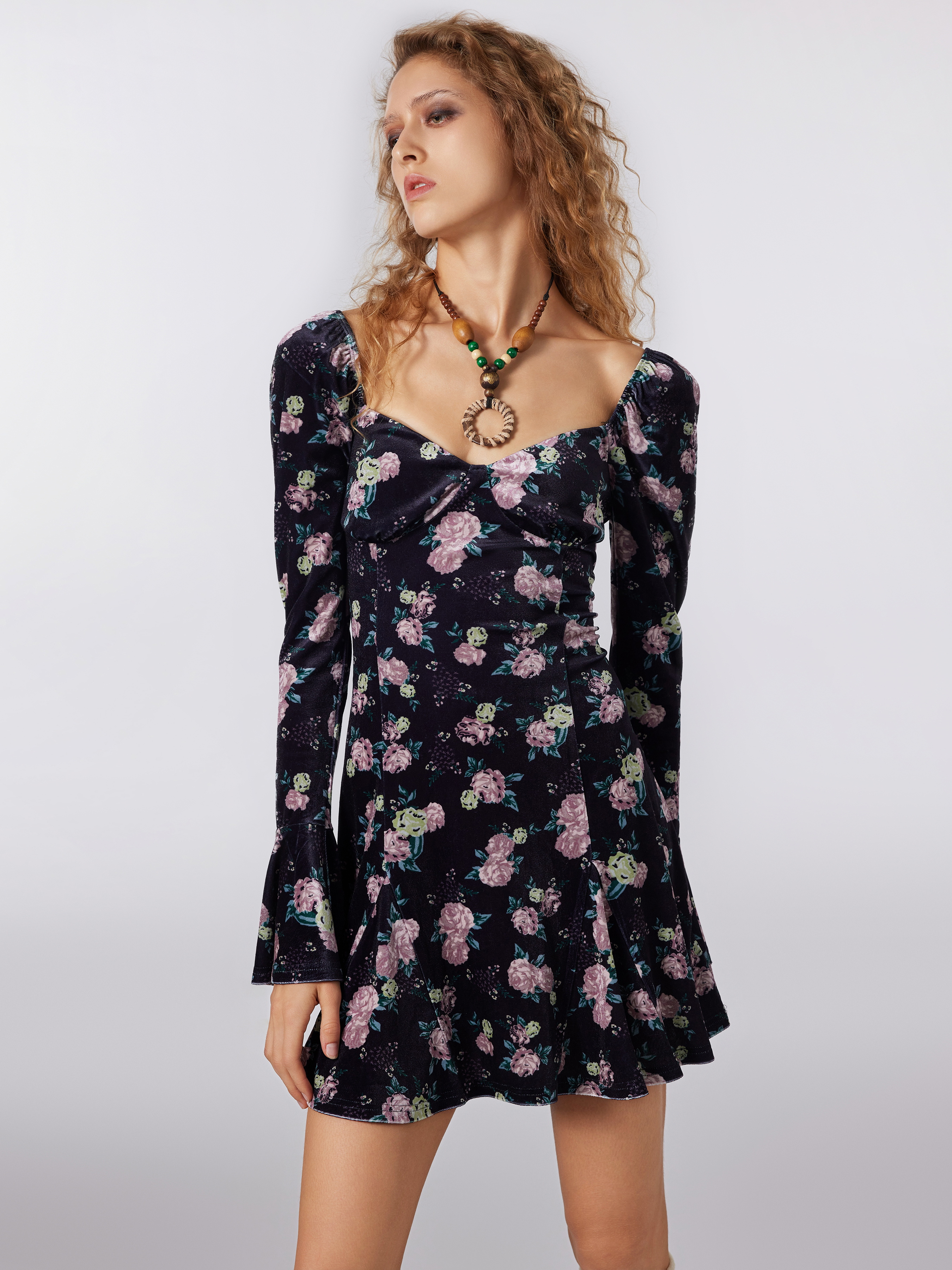 Velvet Sweetheart Floral Ruffle Mini Dress For Daily Casual