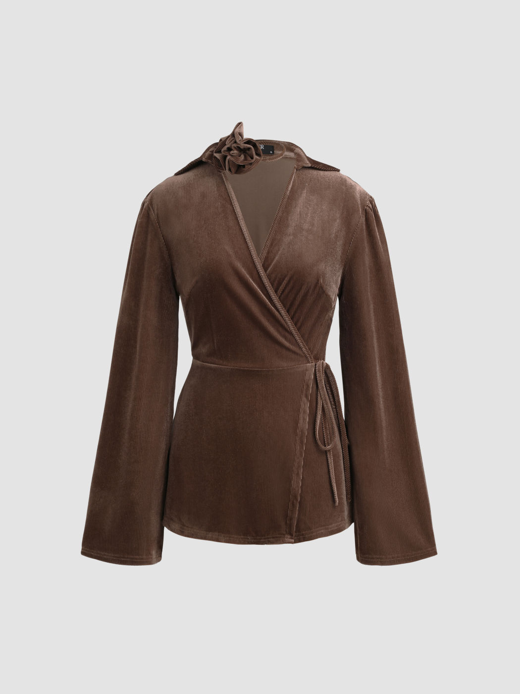  Samt V-Ausschnitt Solid Rosette Langarm Bluse