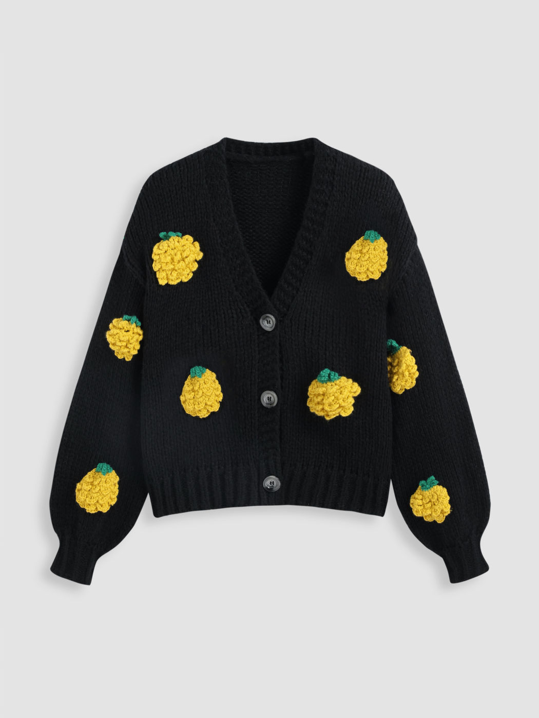  V-Ausschnitt Zitronen Bestickter Knopf Strickjacke