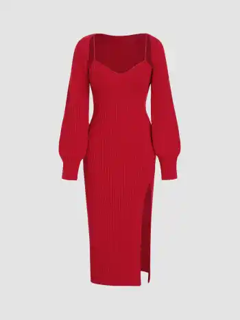 Einfarbiges Strick-Cami-Mididress mit Schlitz und Schal