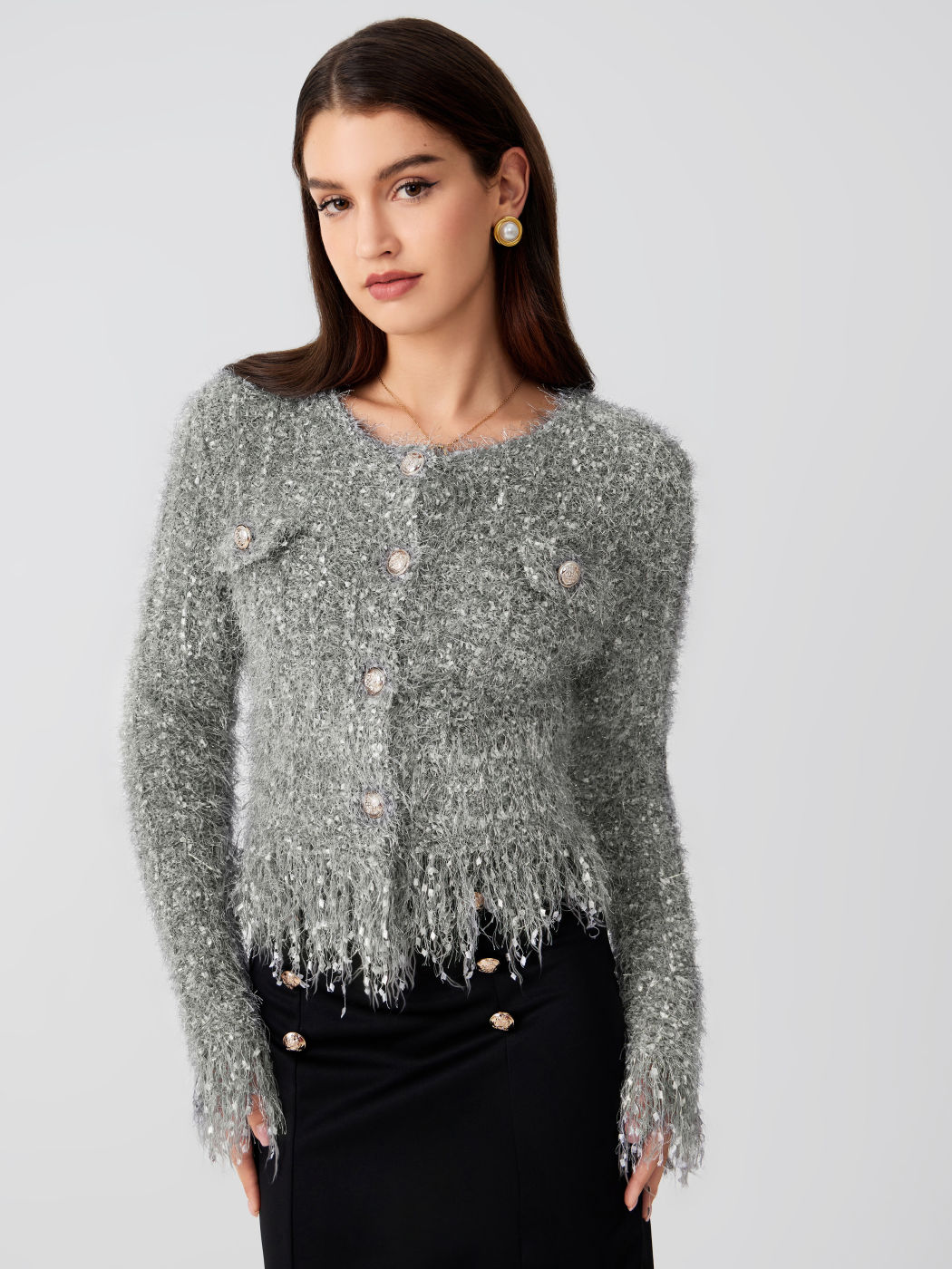 Flauschiger Rundhals Knopf Metallic Strickjacke