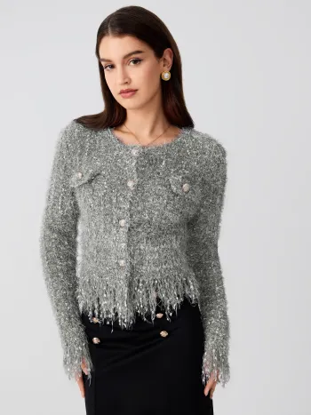 Fuzzy Round Neck Button Metallic Knitted Long Sleeve Cardigan