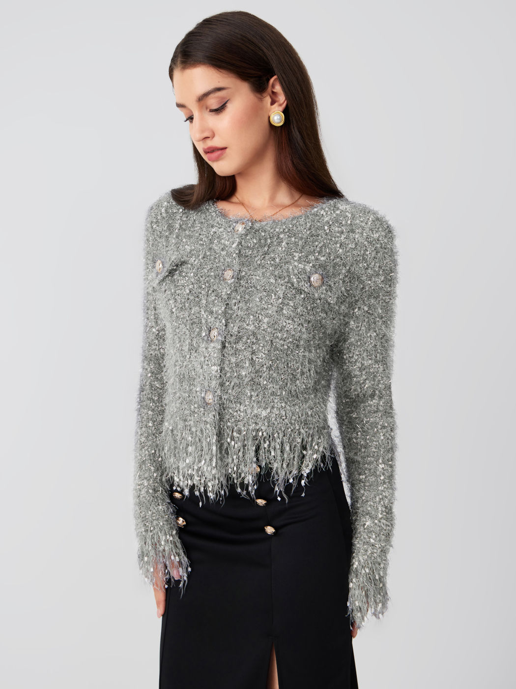 Fuzzy Round Neck Button Metallic Knitted Long Sleeve Cardigan