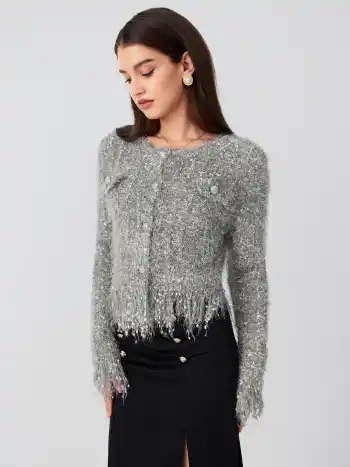 Fuzzy Round Neck Button Metallic Knitted Long Sleeve Cardigan