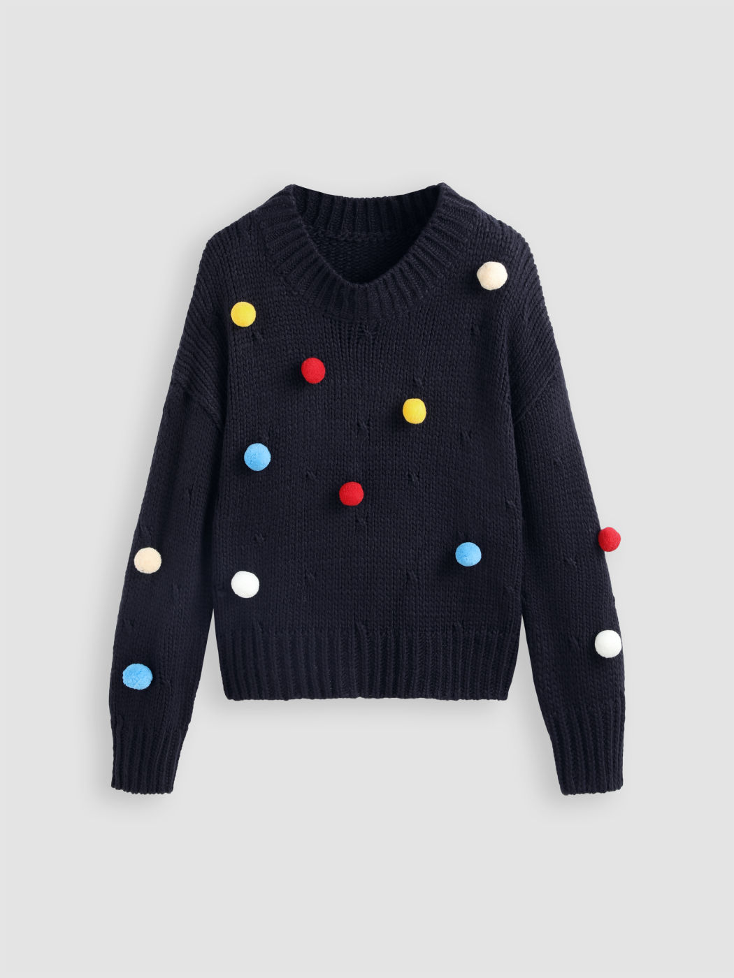 Round Neckline Solid Sweater With Colorful Pom-poms