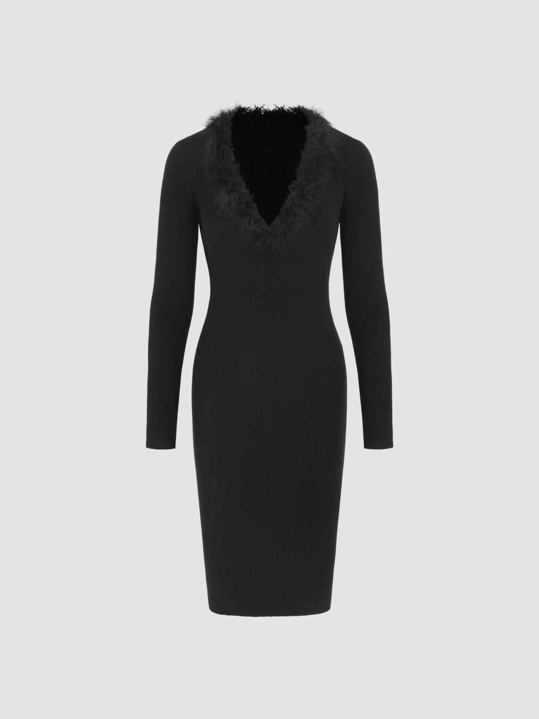 Knitted Sweetheart Fuzzy Trim Midi Dress