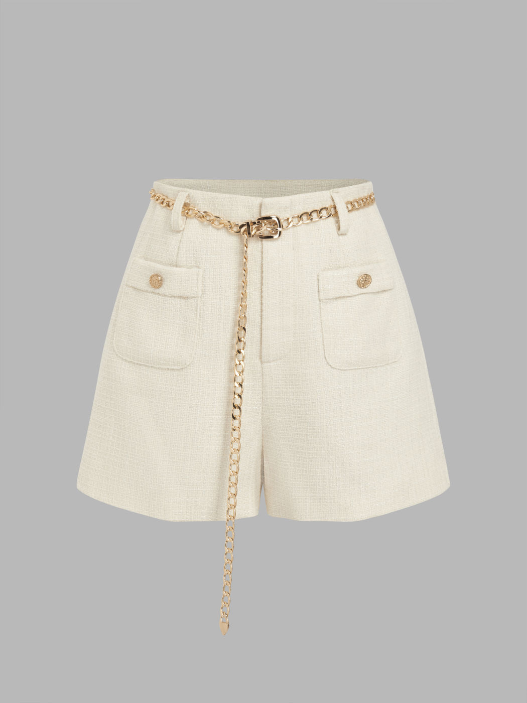  Tweed Mittlere Taille Taschen Shorts Mit Kettengürtel