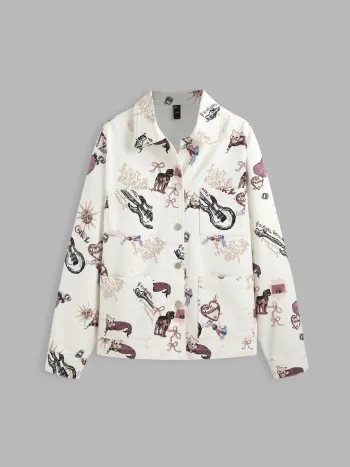  Jeanskragen Welpen Grafik Taschenknopf Jacke