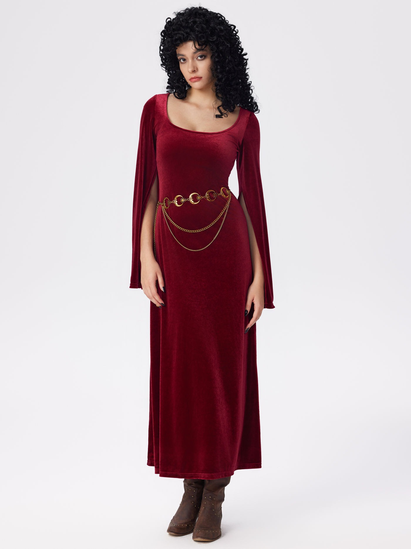 Velvet Square Neck Solid Maxi Bell Sleeve Dress