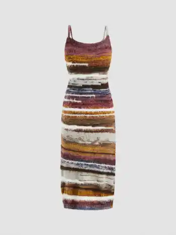 Fuzzy Knitted Stripe Backless Midi Dress