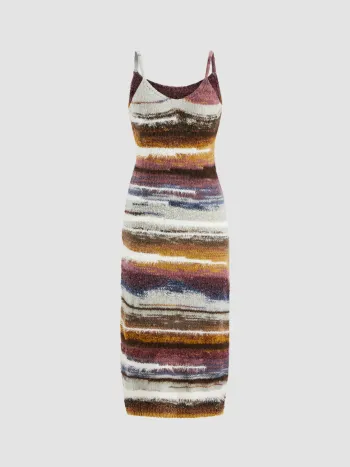 Fuzzy Knitted Stripe Backless Midi Dress