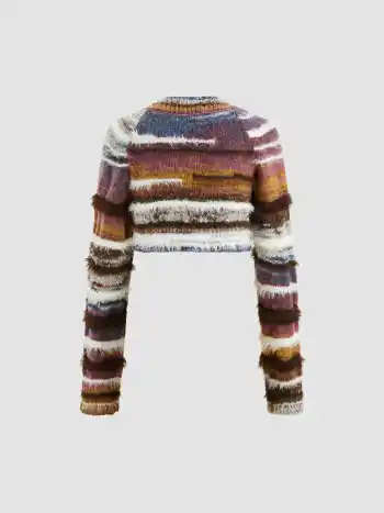 Fuzzy Collarless Stripe Knitted Crop Shrug